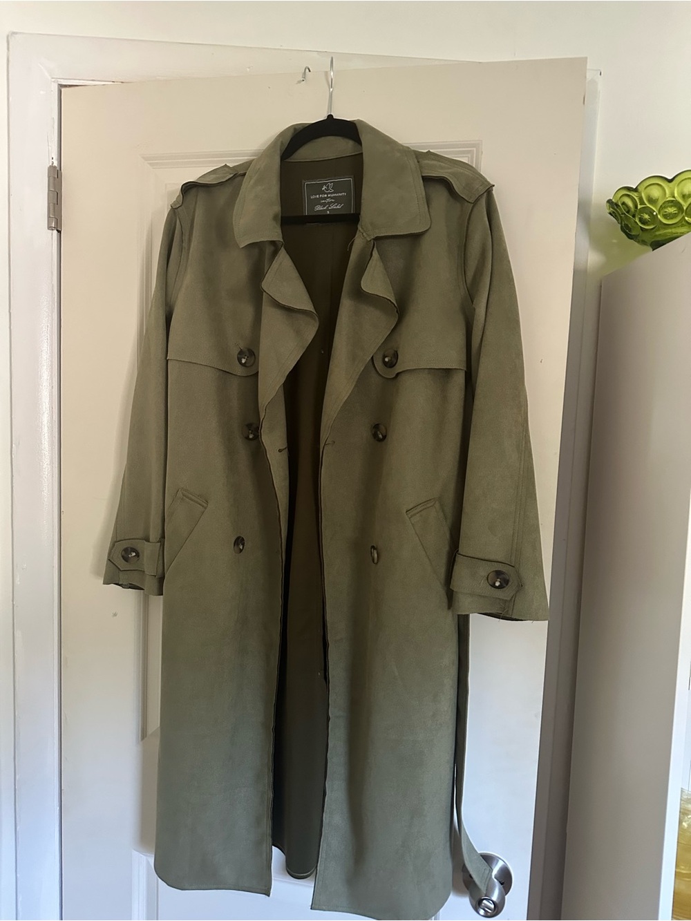 Black Label Olive Green Suede Trench Coat - Double-Breasted Detail